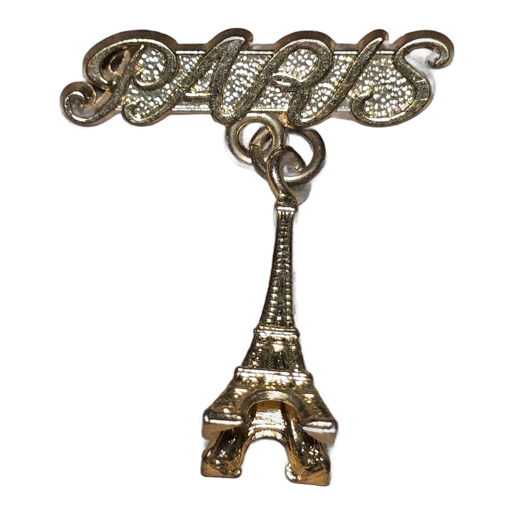Vintage Gold Tone Paris Eiffel Tower Dangle Lapel Vest Hat Pin J31